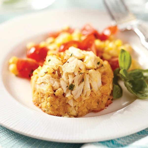Crab Cake Dinner, featuring Perfect Crab Cakes, Vegetable Potato Medley, and Molten Chocolate Cakes
