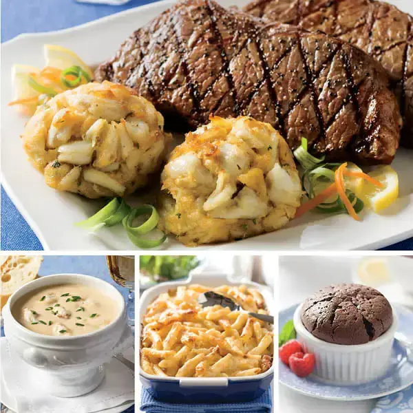 Steak and Crab Cake Dinner for Two, featuring New York Strip Steaks and Perfect Crab Cakes (top), Cream of Crab Soup, Macaroni & Cheese Casserole, and Chocolate Souffles (bottom left to right)