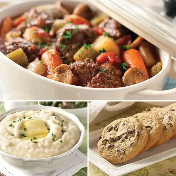 Traditional Beef Stew Dinner, featuring Traditional Beef Stew (top), Creme Fraiche Mashed Potatoes, and Chocolate Chip Cookies (left to right)