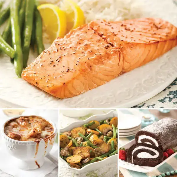 Honey Bourbon Salmon Dinner, featuring Honey Bourbon Salmon Filet, French Onion Soup, Vegetable Potato Medley, and Chocolate Swirl Cake