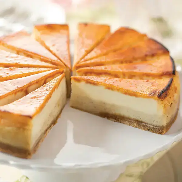 Nutritional data panel for Creme Brulee Cheesecake. 360 total calories per one slice serving.