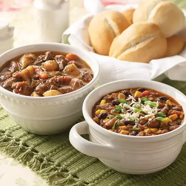 Traditional Beef Stew & Steakhouse Chili Sampler with gourmet dinner rolls