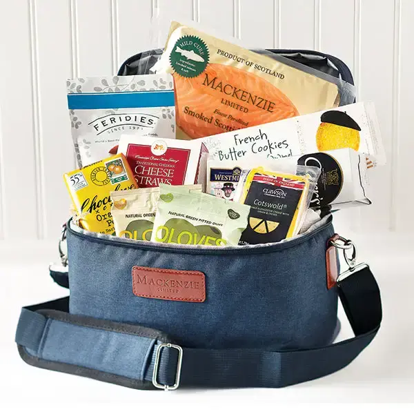 Simply Gourmet Gift Basket, featuring Mackenzie Scottish Smoked Salmon, cheese, crackers, olives, cookies, and more.