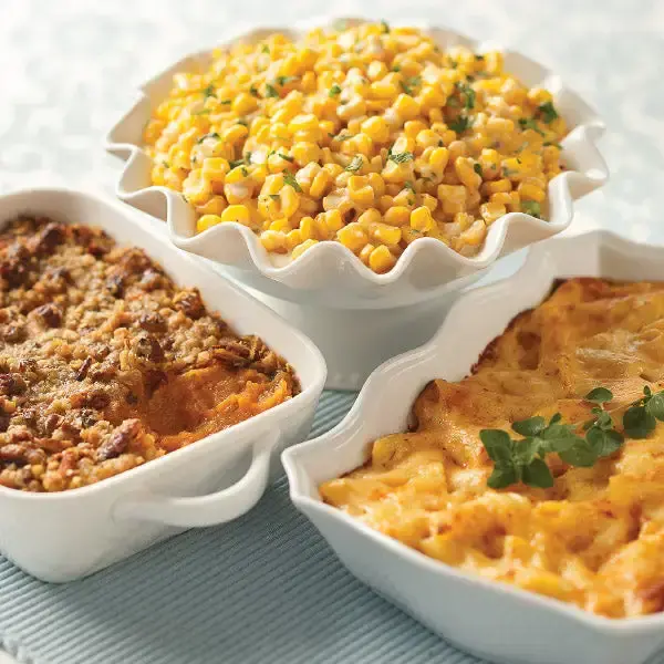 Top Rated Sides Sampler, featuring Sweet Potato Casserole, Eastern Shore Creamed Corn Casserole, and Macaroni & Cheese Casserole (from left to right)